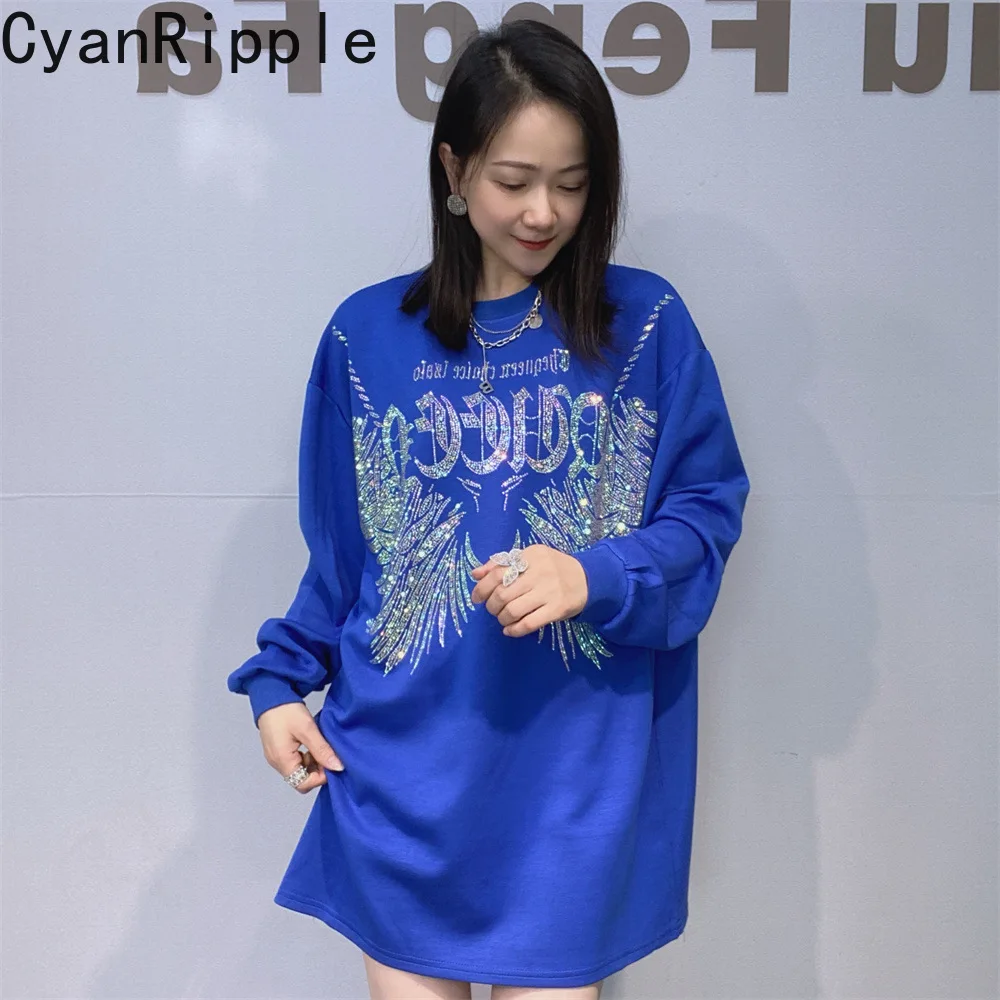 

Fashion Spring Autumn Large Size Women Sweatshirt Mid-long Round Neck Pullover Top Shiny Letters Hot Drilling Casual Hoodies