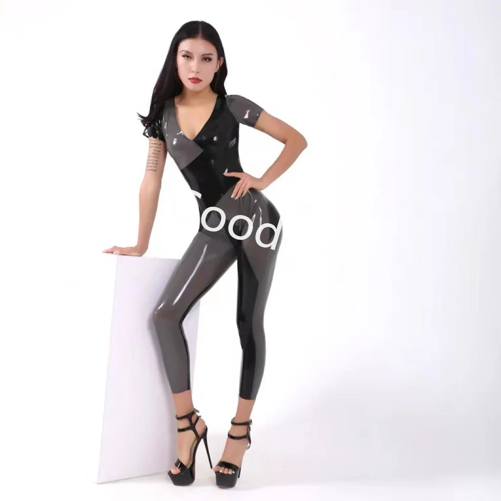 

New Arrival Handmade Female Sexy Latex Catsuit Mixed Color Rubber Bodysuit Short Sleeve with Crotch Zipper