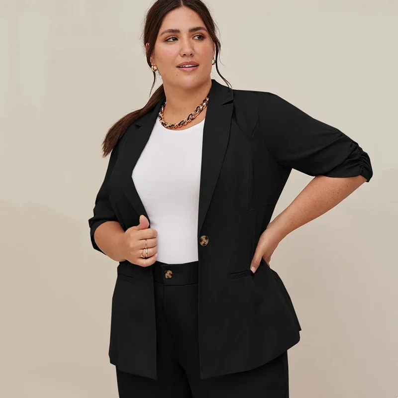 Plus Size Spring Autumn Elegant Blazer Women Half Ruched Sleeve Single Button Business Casual Blazer Large Size Jacket Coat 7XL