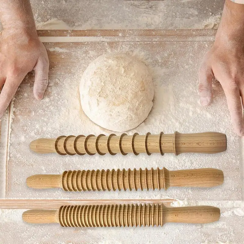 Rolling Pin For Dough Multipurpose Baking Dough Roller Threaded Dough Pasta Roller Practical Wooden Dough Roller Cookie Rolling