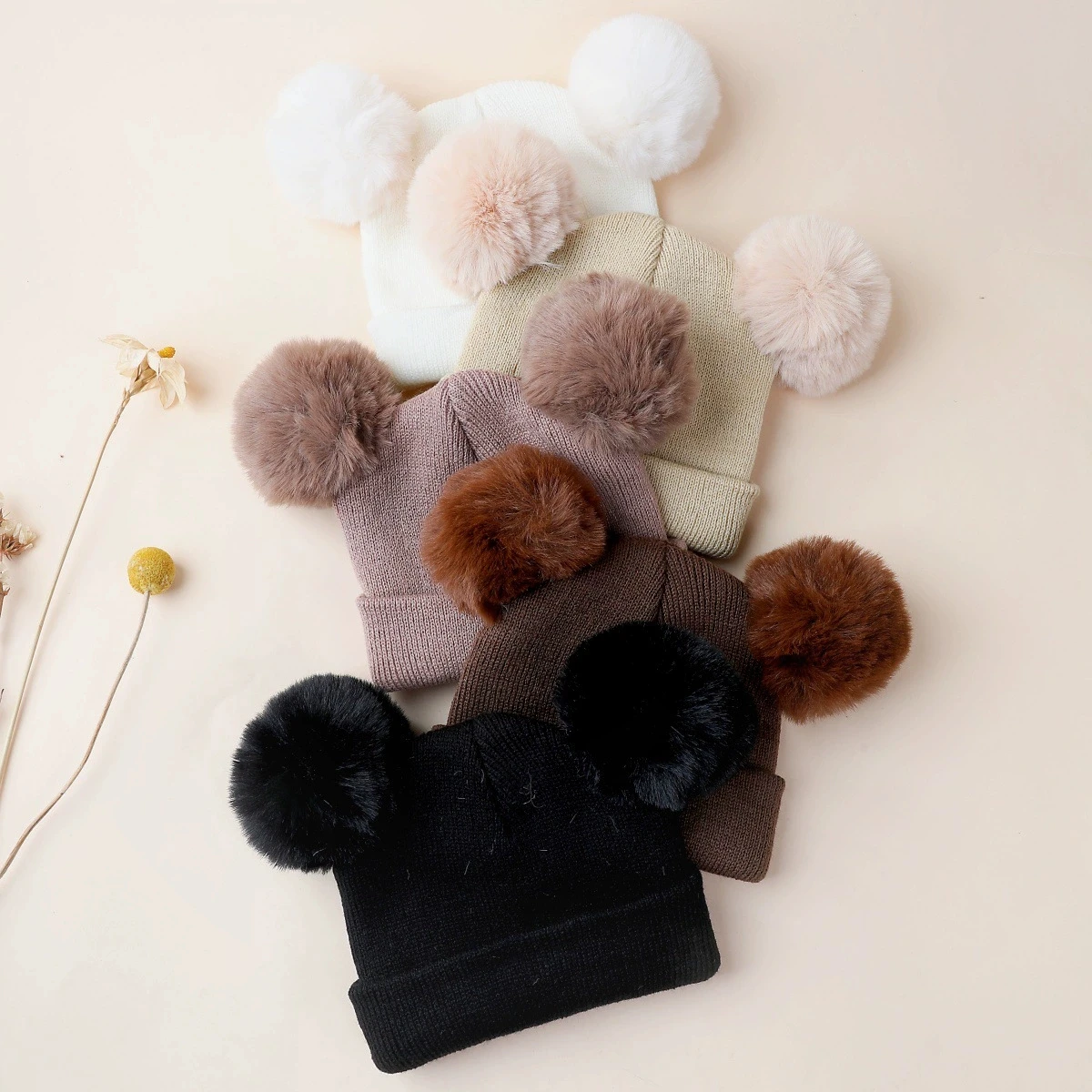 0-3T Fur Ball Winter Beanie Newborn Boys Girls Knitted Hat Bubble Ball Bonnet for Kids Ski Warmer Baby Gorros Fuzzy Woolen Hat