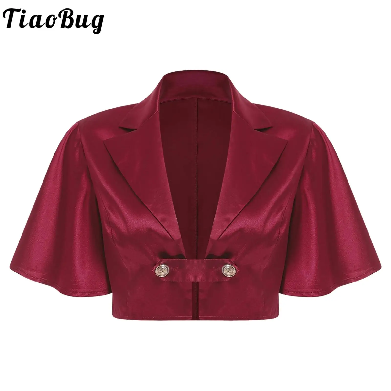 Women Victorian Shirts Satin Cropped Top Lapel Collar Flutter Sleeve Front Buttons Blouse for Casual Daily Life Themed Parties