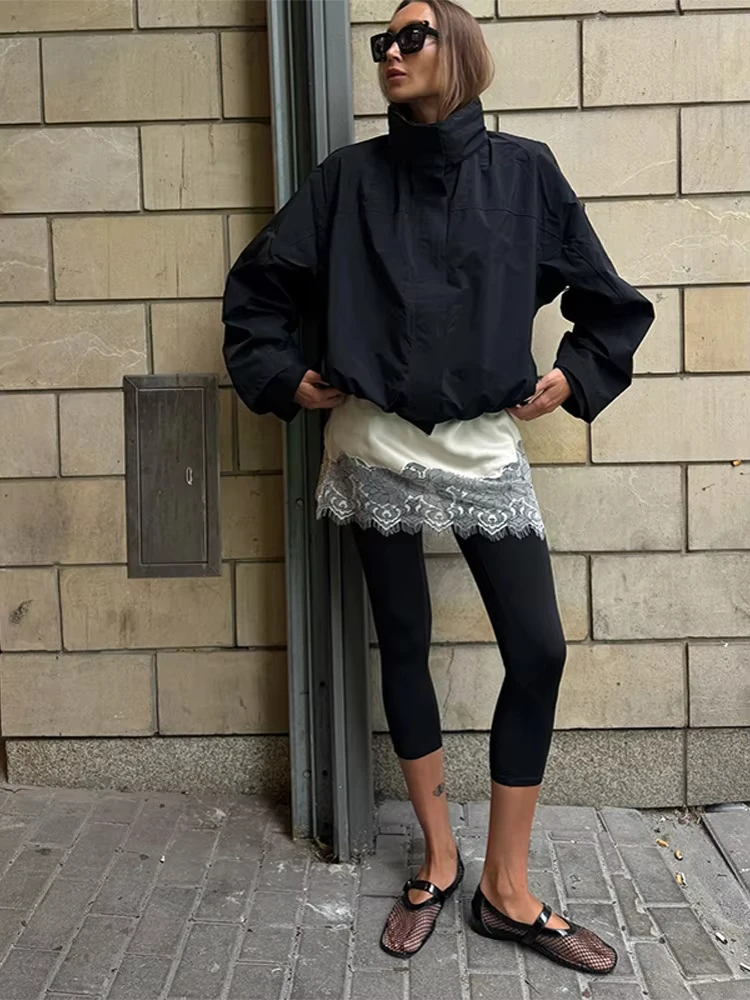 Stand Collar Drawstring Waist Cinching Jacket Women Casual Long Sleeve Loose Fitting Zipper Coats New Autumn Chic Lady Outerwear