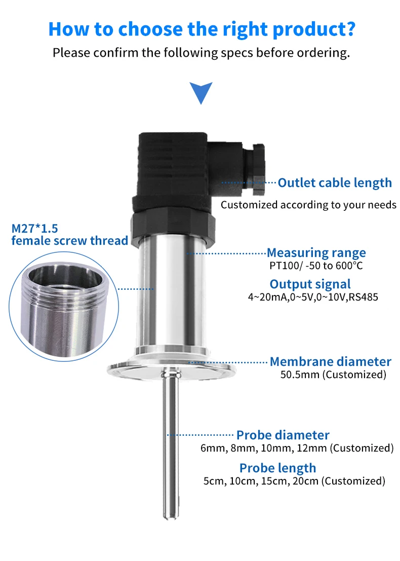 0-10V PT100 Temperature Transmitter Flush Diaphragm Tri-Clamp 50.5mm Sanitary Anti-Clogging Sensor