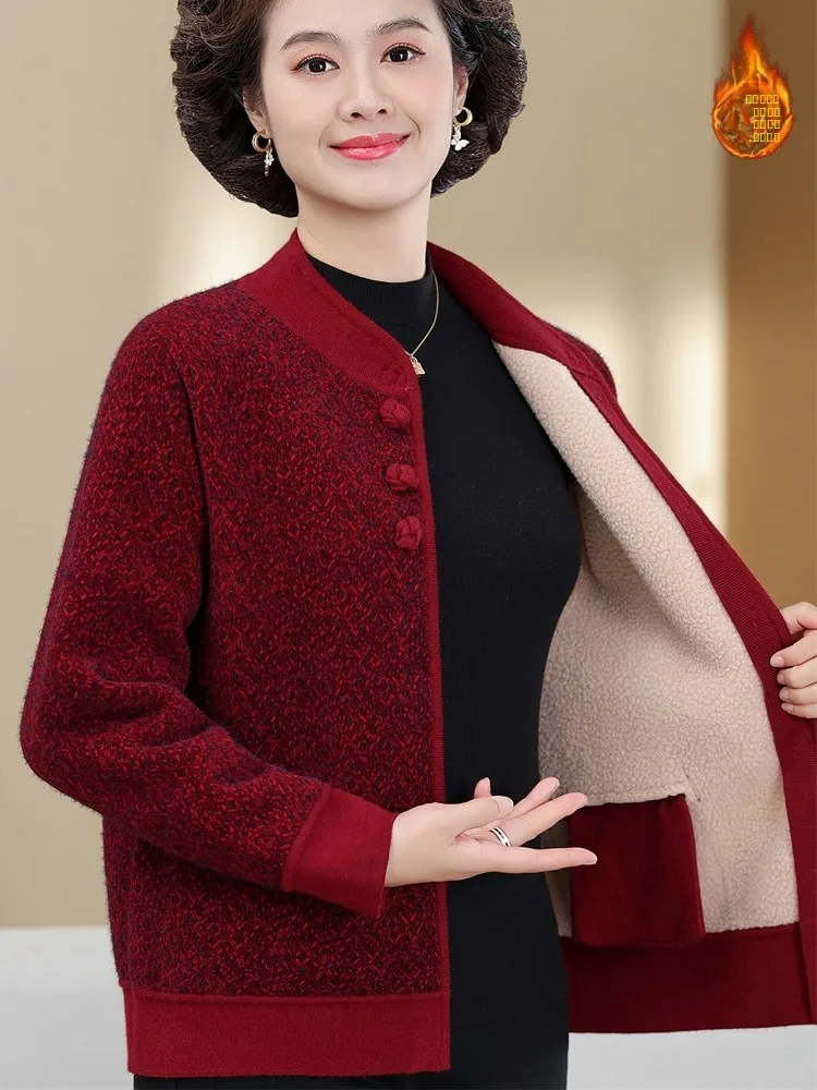

Thiened Fce Woolen Coat for Middle-Aged Women Autumn Winter Warm Cardigan Sle Outerwear Stand Collar Single Button Clo...