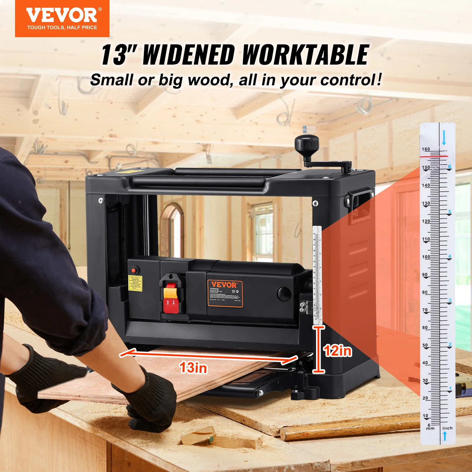 VEVOR Thickness Planer 13inch Benchtop Planer with Two-Blade 15-Amp 1800W Powerful Motor Low Noise for DIY Woodworking Planing