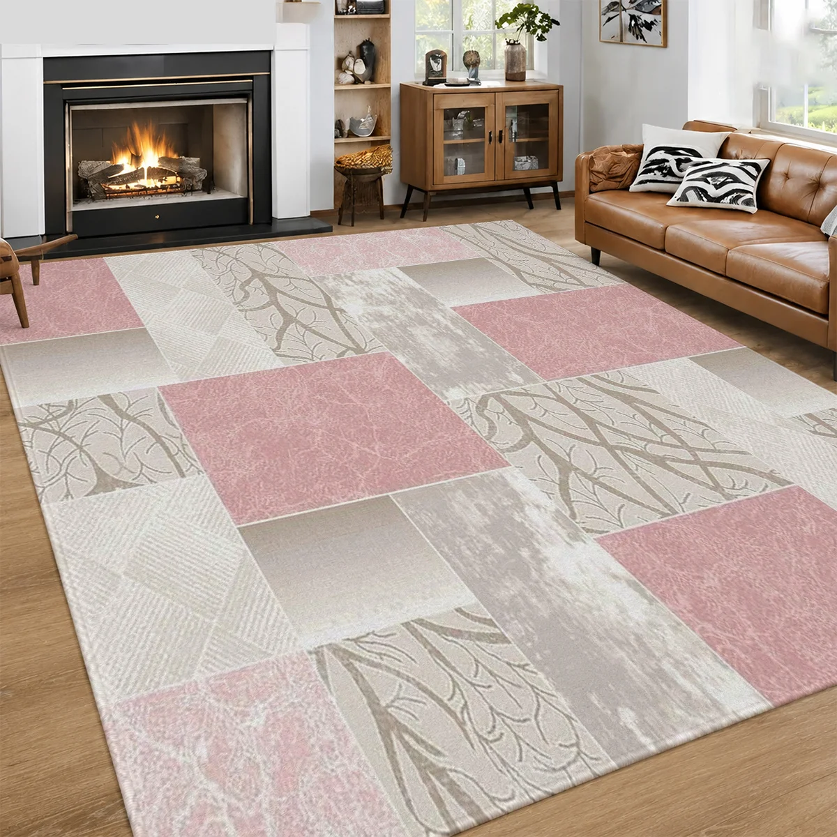 1pc Velvet Large Rug Pink Gray Patchwork Dry Branch Texture Area Rug, Gentle Morandi Check Wood Grain Soft Floor Mat, Large Easy Girly Decorative Carpet for Living Room Sofa Coffee Table Bedroom Bedside