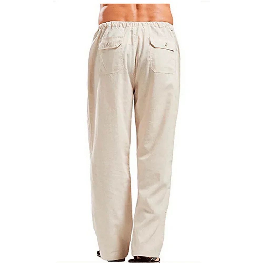 Men's Cotton Linen Pants Summer Solid Color Breathable Linen Trousers Male Casual Elastic Waist Fitness Pants - Image 3