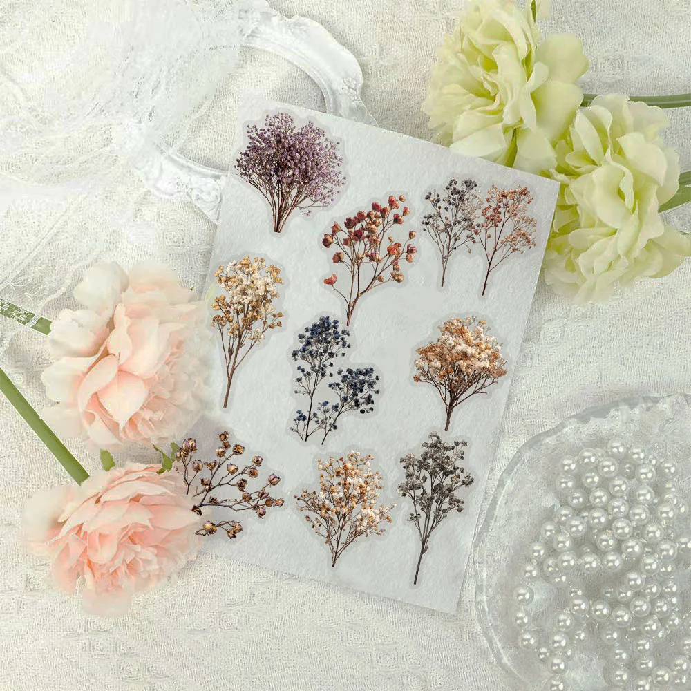 50 Pcs Vintage Dried Baby‘s Breath PET Clear Material Stickers DIY Scrapbooking Material Decorative Personality Sticker