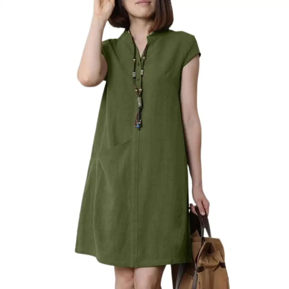 

Women Midi Dresses Buttoned V Neck Stand Collar Short Sleeves Loose Single Pocket Above Knee Length Dresses Vestidos