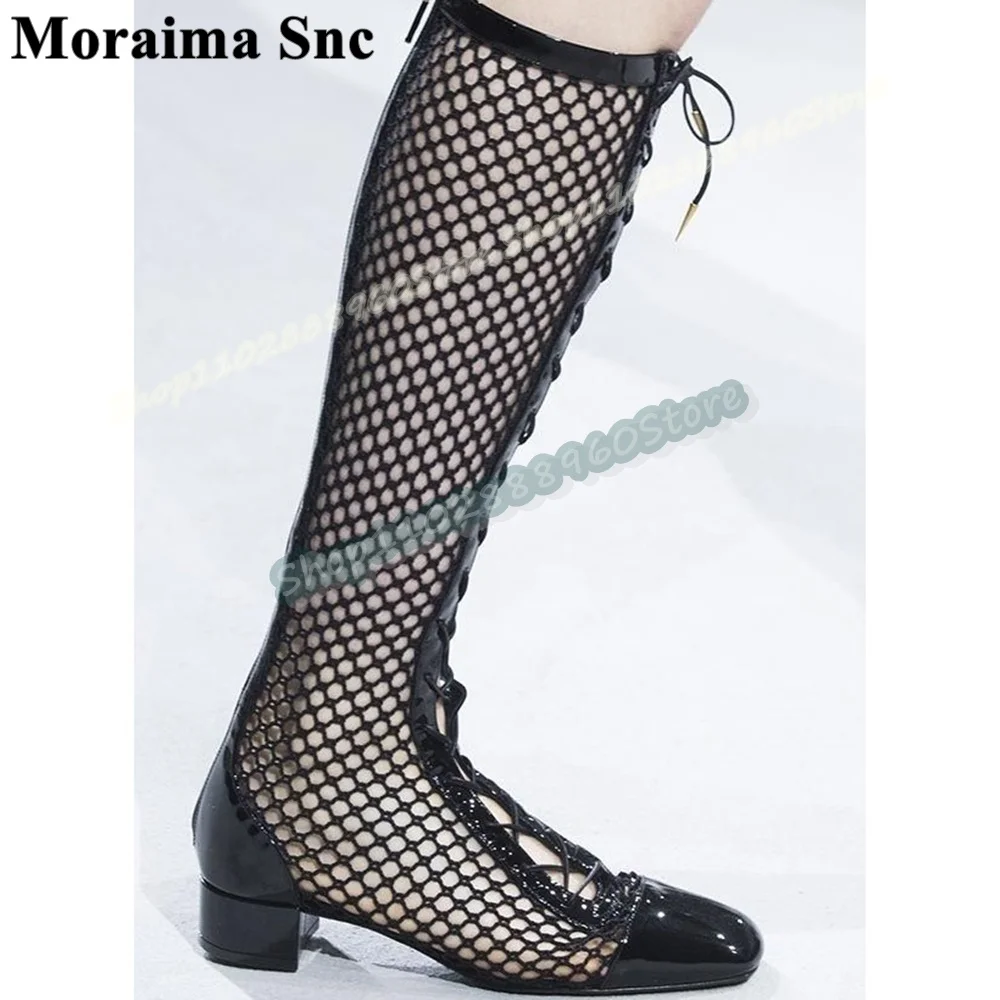 

Knee High Black Net Leather Splicing Cross Tied Sandal Boots Block Heel Women Shoes Back Zipper Round Toe Catwalk Party Shoes
