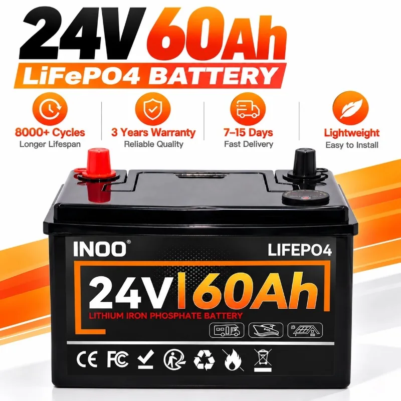 24V 60Ah LiFePO4 Lithium Battery 8000+ Cycles Deep Cycle Rechargeable Battery with BMS for Solar Storage RV Marine Off Grid