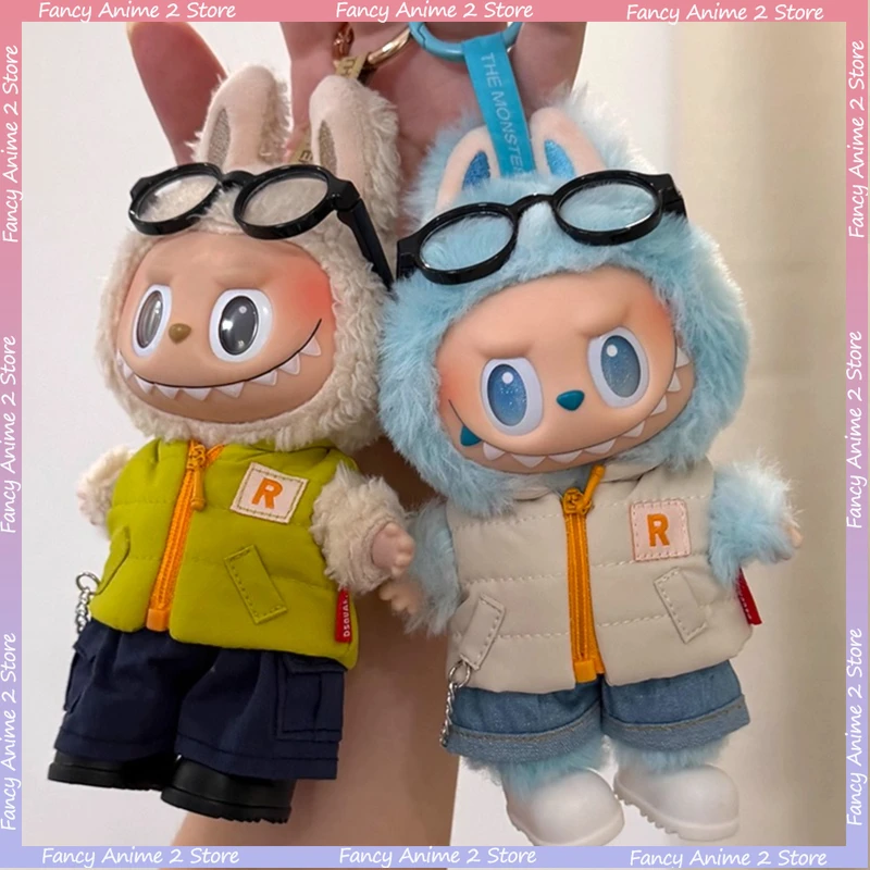 

For V1 V2 V3 Labubu Doll Winter Cotton Coat Vest Clothes Set with Pants Shoes and Glasses Mini Plush Doll Clothing Accessories