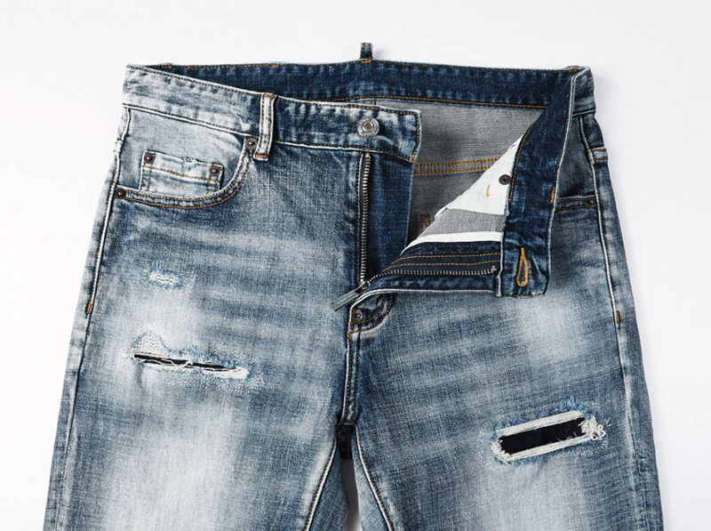 Men Light Blue Gradient Vintage Washed Ripped Slim Fit Denim Jeans Men Casual Streetwear Stretch Denim Jeans hombre