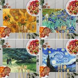 Oil Painting By Van Gogh Table Mats Sunflower Starry Night Coffee Cup Coaster Waterproof Linen Placemat Kitchen Accessories Dish