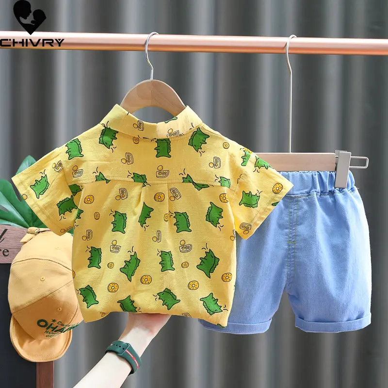Boys Summer Clothing Suit New Baby Boy Short Sleeve Lapel Cartoon Dinosaur Shirts with Denim Shorts Kids Fashion Clothes Sets