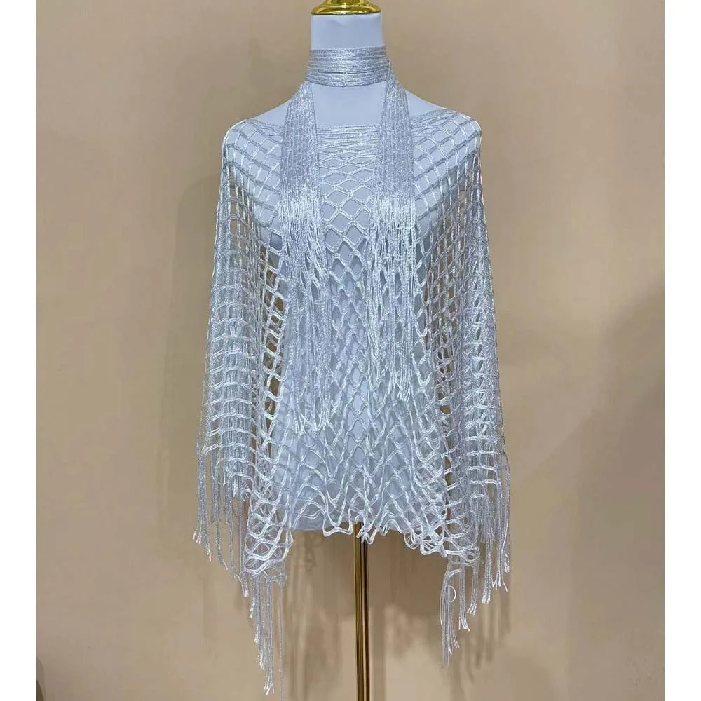 2pcs Shiny Shawl and Scarf Set Tassel Shawl Hollowed Out Summer Sun Shawl Sun Protection Poncho Top Beach Cover Up