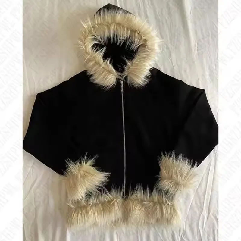 Y2k Streetwear Vintage Warm Cardigan Loose Hoodie Women Winter Fashion Fur Collar Hat Goth Hoodie Harajuku Zipper Sweatshirt