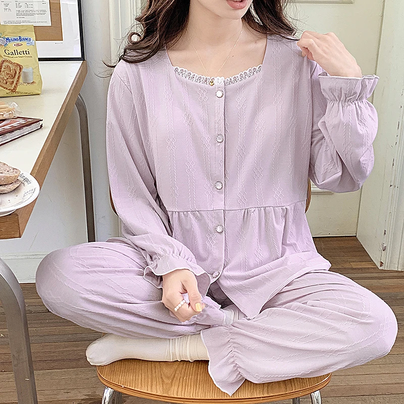 Spring and Summer New Women's Square Collar Sweet Jacquard Casual Pajamas Solid Color Cute Loose Pajamas Set Home Clothes