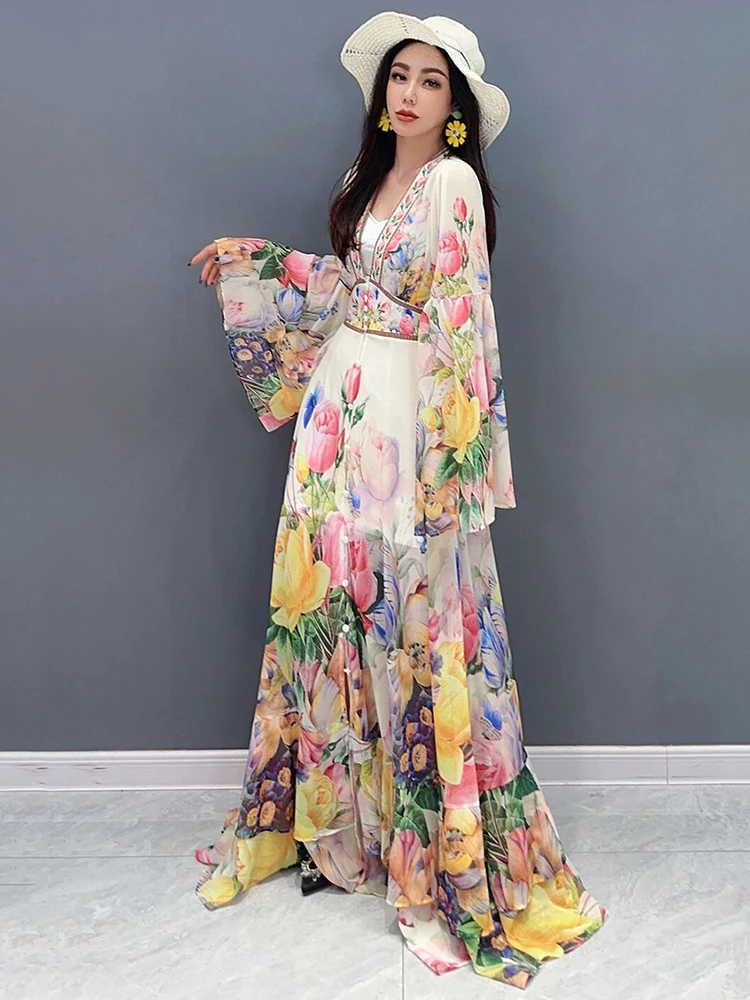 SHENGPALAE 2024 Summer New Chiffon Printed Dress For Women Elegant Vintage V-neck Flare Sleeve Floor Length A-line Vestido R9449