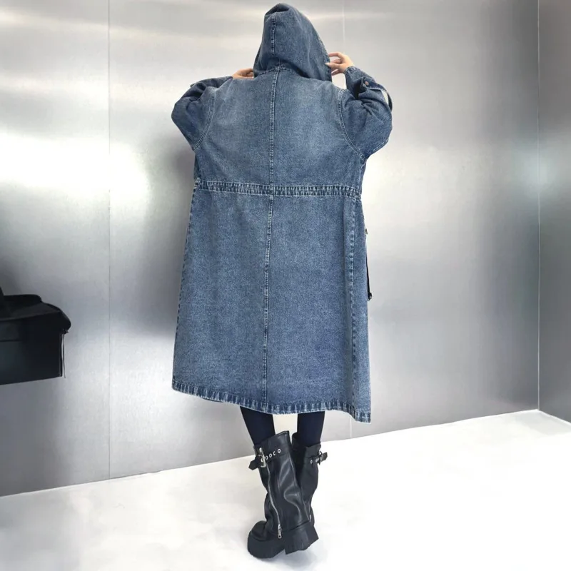 ANJY Spring Autumn Women's Niche Design Loose Hooded Denim Trench Coat Distressed Large Pocket Safari Style Oversized Ins A28470