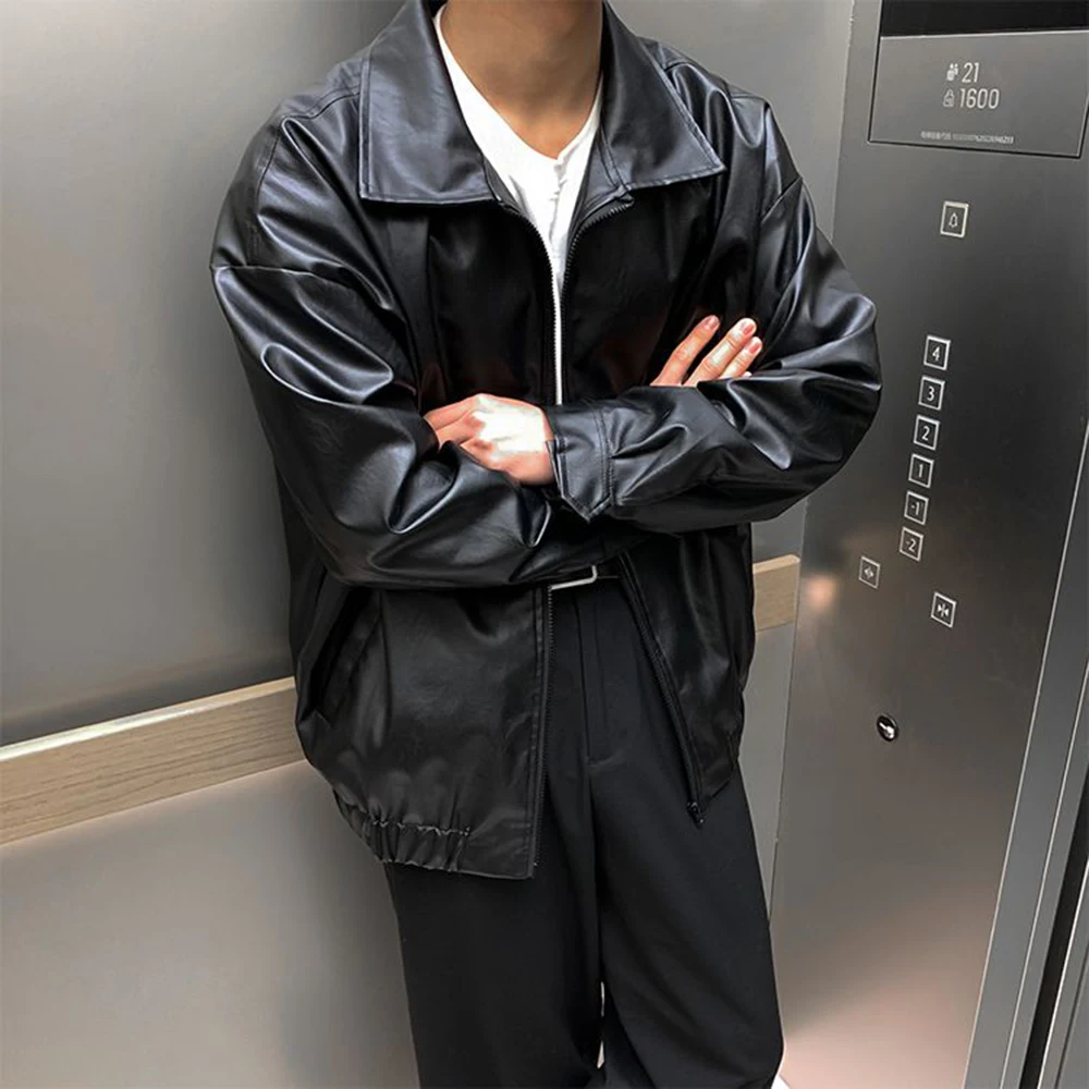 Mens Y2k Loose Leather Jacket Fashion Trend Heavy Pu Motorcycle Mens Tops New Autumn And Winter Elegant Handsome Casual Jacket