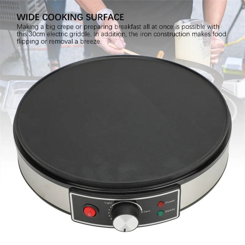 Electric Griddle Crepe Maker Cooktop 30cm Hot Plate With Adjustable Temperature Control Wooden Spatula Batter Spreader Included