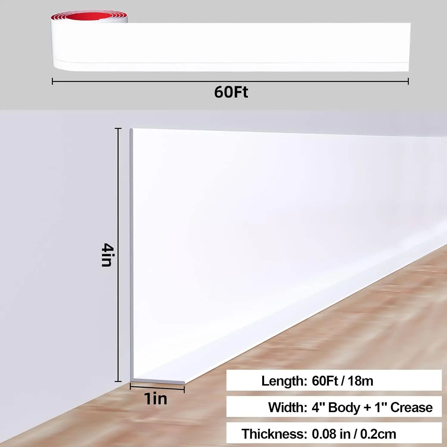 Flexible Baseboard Molding Trim, 5 Inch(W) x 60 Feet(L) Peel and Stick Rubber Wall Trim Molding, Self-Adhesive Vinyl Wall Base