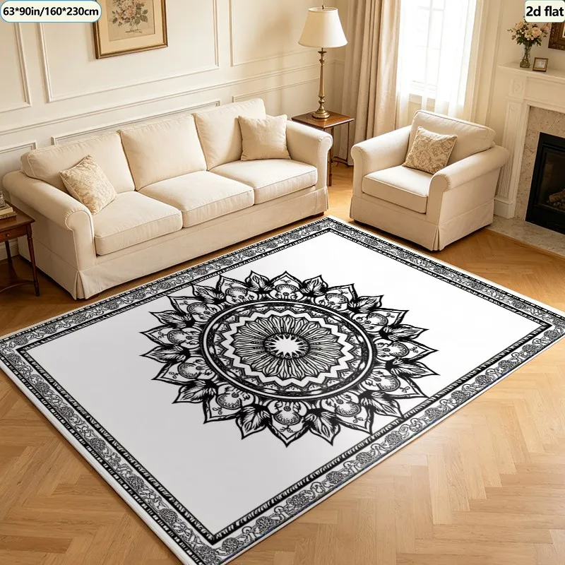 Black and White Mandala Patterned Carpet with a Gorgeous Border, Bohemian Style Carpet, Suitable for Living Room, Bedroom, and Home Art Decoration