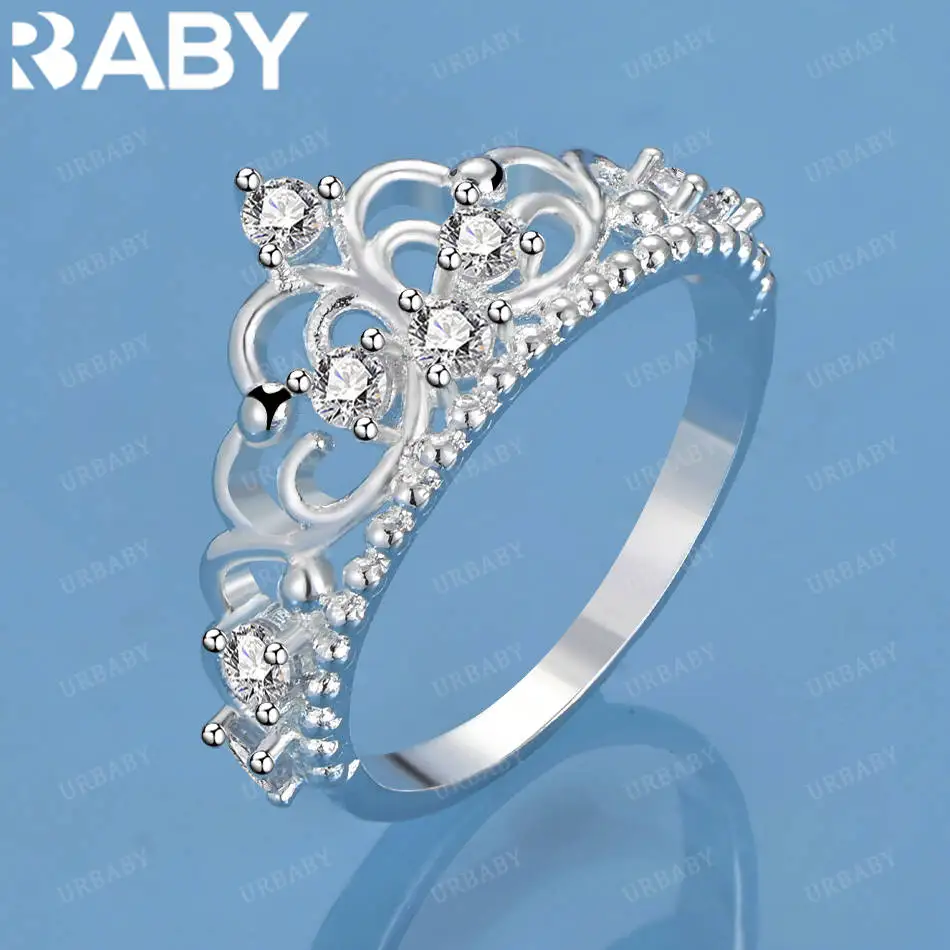 

URBABY 925 Sterling Silver Size7/8 Zircons Crown Ring For Women Fashion Jewelry Charm Grace Wedding Engagement Accessories