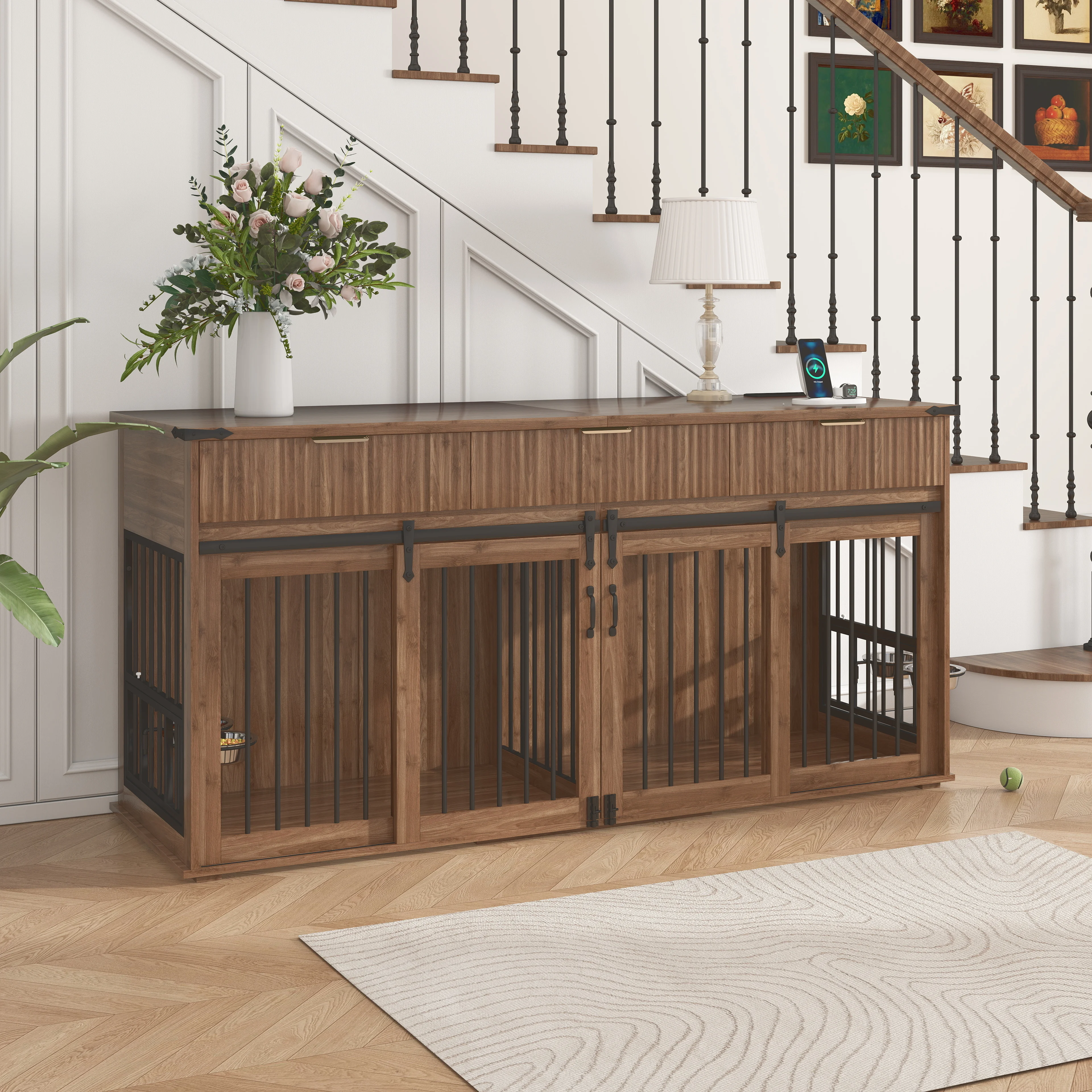 

71'' Furniture Style Double Dog Crate with 3 Fluted Drawers and Waterproof Walnut Woodgrain Tabletop,Large Dog Kennel Furniture with Type-C Power Outlet & Rotating Feeders for Heavy Duty Dogs(Walnut)