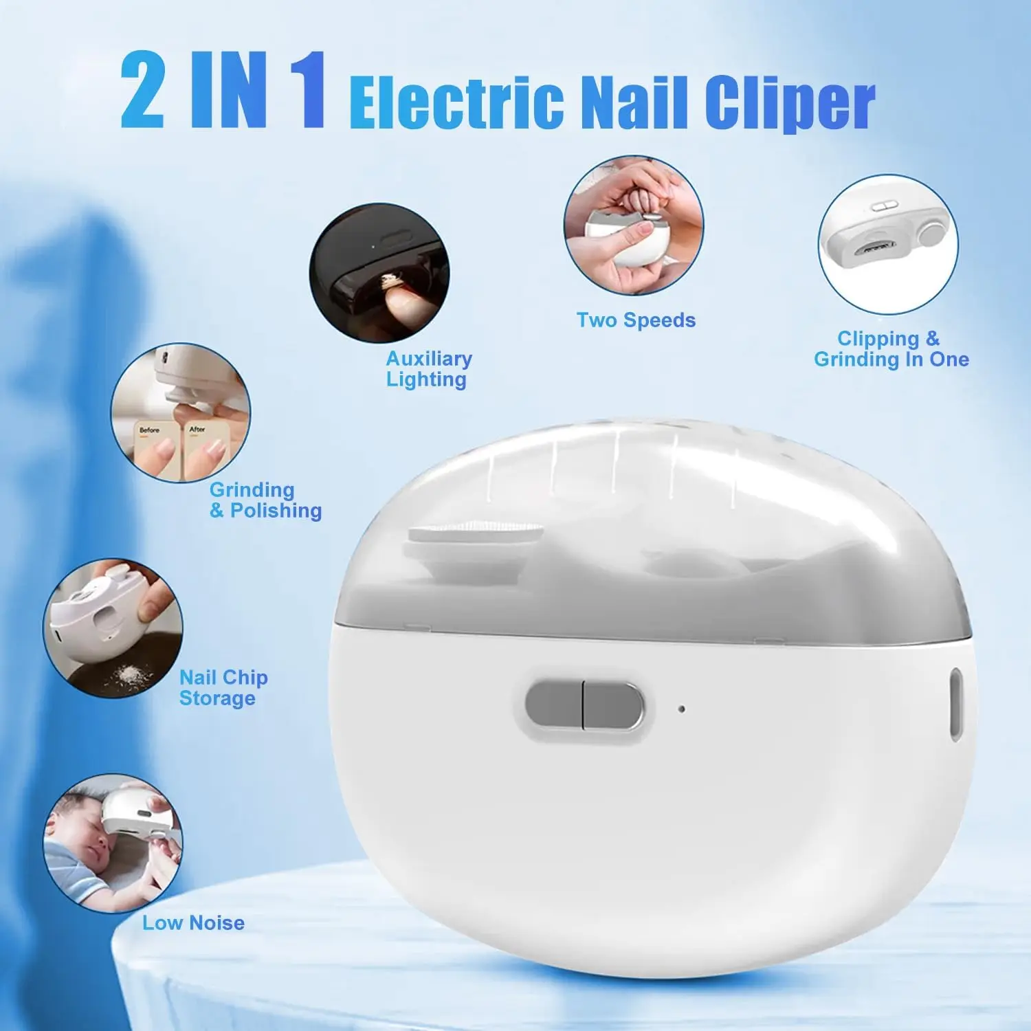 Automatic Electric Nail Clipper with Light & 2 Speeds, Nail Polisher 2 in 1 Design, Nail Clip Storage, USB Rechargeable Safety