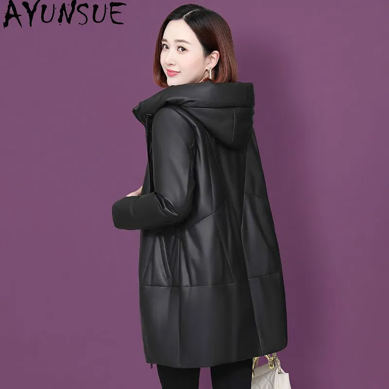 AYUNSUE 정품 가죽 자켓 여성 90% 화이트 오리 다운 겨울 의류 2025 여성용 중간 길이 양피 코트 Jaqueta Couro