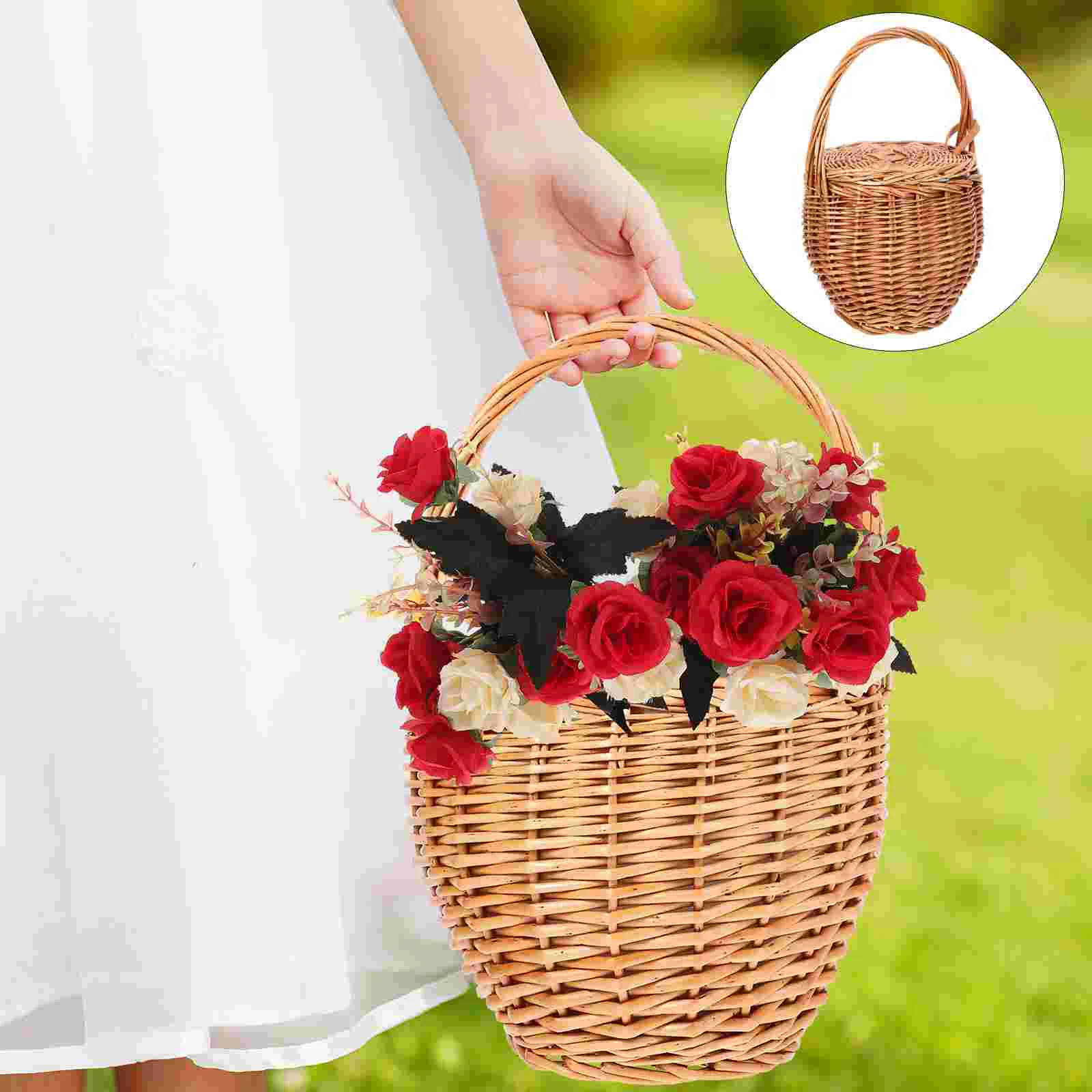 

Wicker Picnic Basket Cutlery Organizer Flower Shop Portable Fruit Woven Decorative Holder Household Storage Baskets Travel