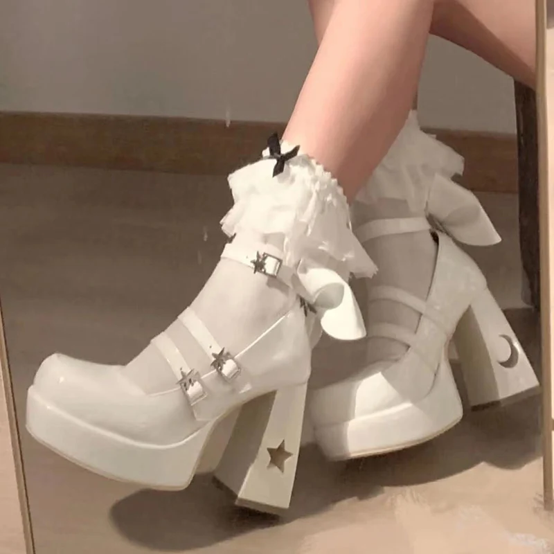 Damskie buty na wysokim obcasie z pompką Punk spersonalizowany projekt grubym obcasem Mary Jane Lolita Y2k grube lakierowane buty Cosplay