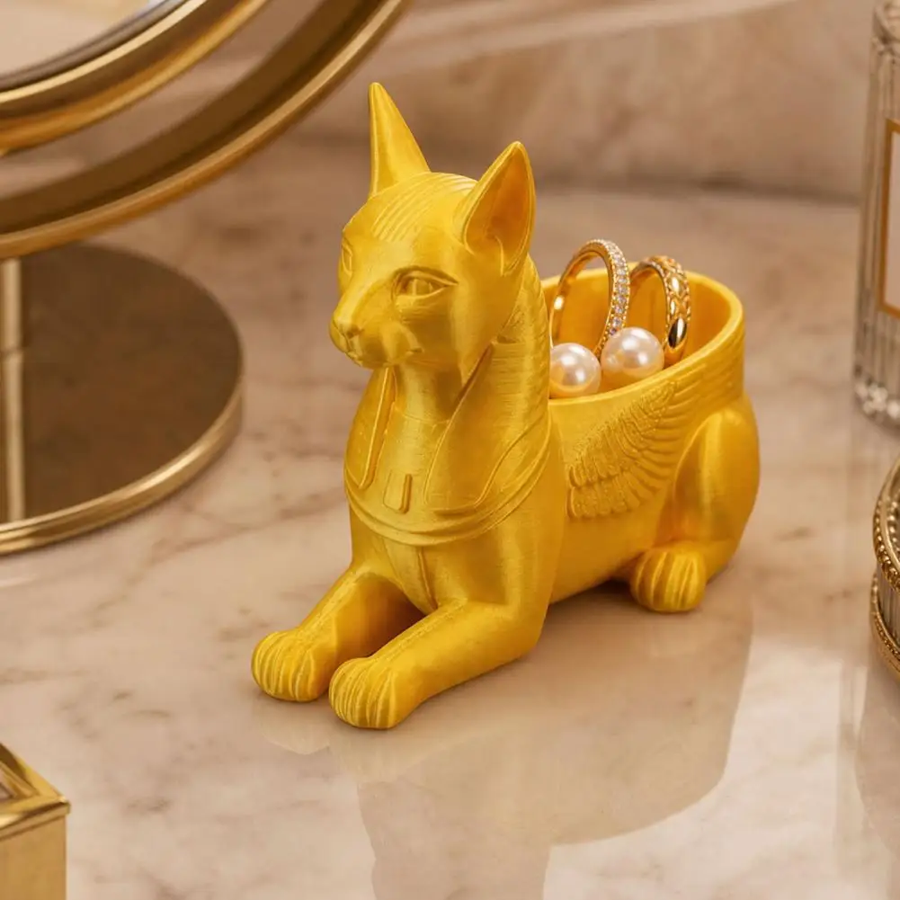 Egyptian Cat Statue, 3D Printed Bastet Figurine with Storage, Mythical Creature Desk Organizer for Home Office, Collectible Gift