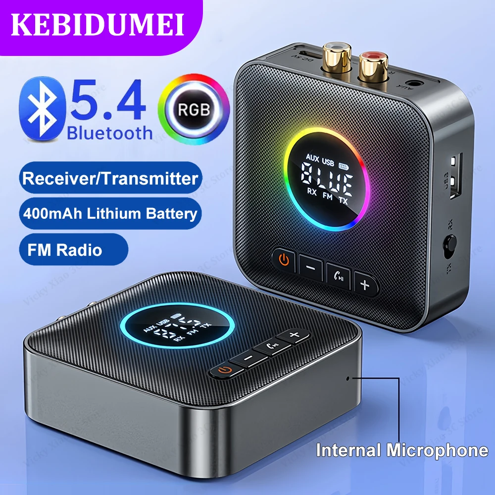 2-in-1 RGB Bluetooth 5.4 Adapter Wireless Audio Receiver Transmitter 3.5MM USB RCA FM with Radio Wireless Adapter For Speaker