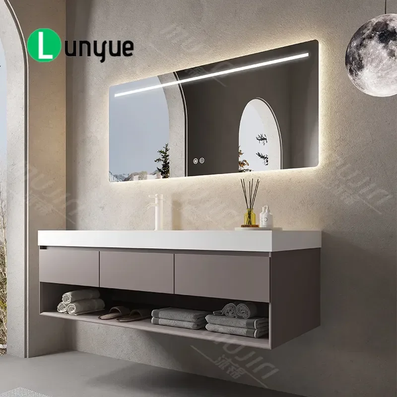 Modern Luxury Bathroom Vanity with Corian Integrated Basin Smart Mirror Wall Mounted Washstand Cabinet for Contemporary