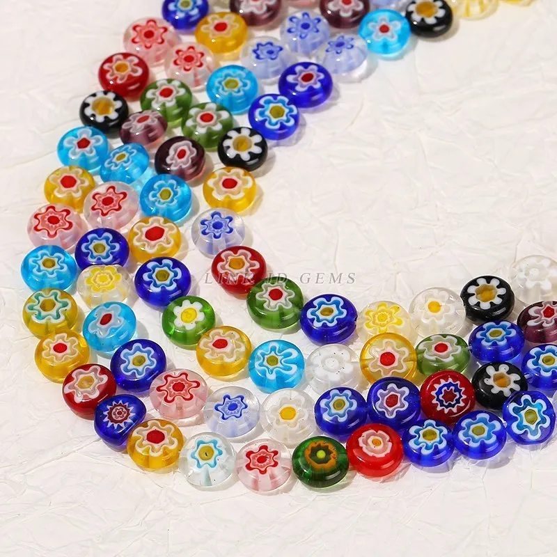 6 8 10mm Lampwork Flowers Beads Glazed Glass Flat Round Loose Spacer Beads for Jewelry Making DIY Bracelet Necklace Accessory