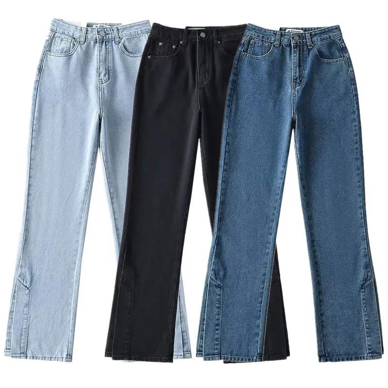 

Spring 2023 Women's Faionable Wide Leg High Slit Jeans Straight Cut High Waist Casual Comfortable Slimming Effect Long Trou...