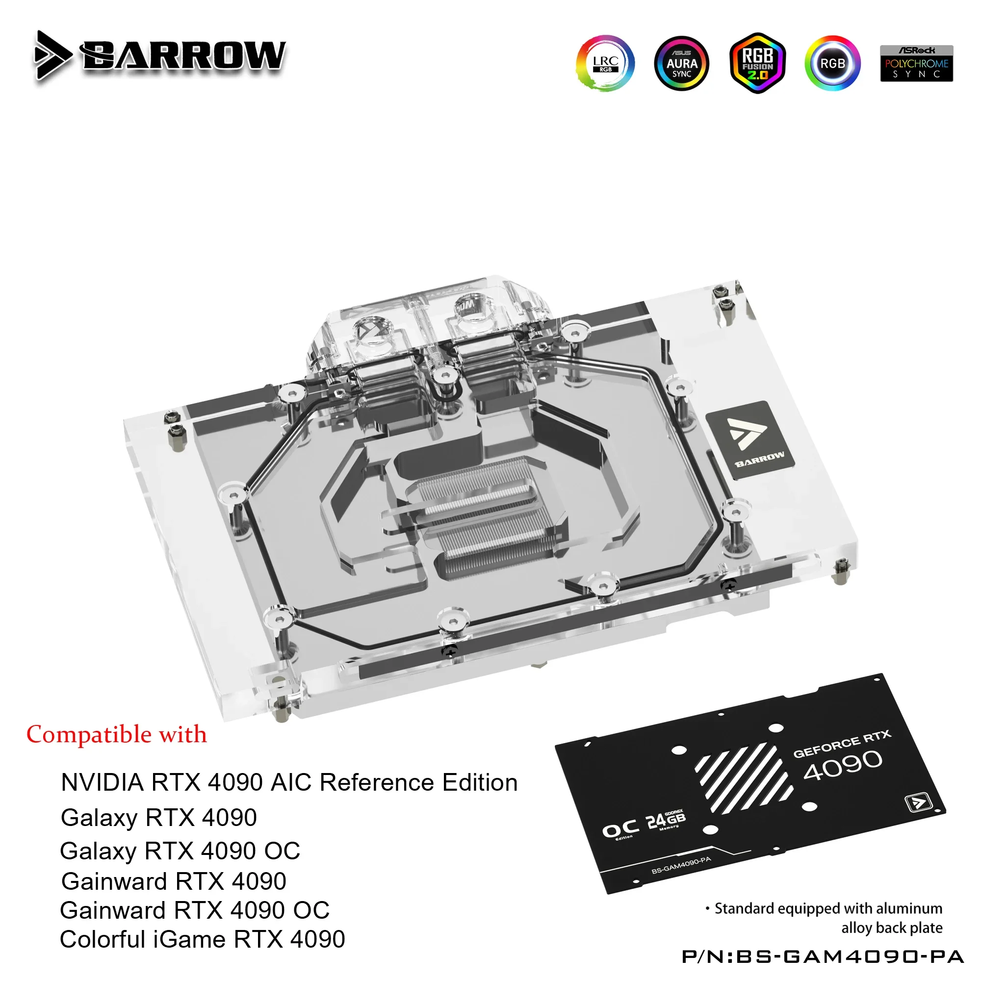 Barrow GPU-waterblok voor Galaxy / Gainward / Kleurrijke RTX 4090, GPU-kaartkoeler met achterplaat BS-GAM4090-PA