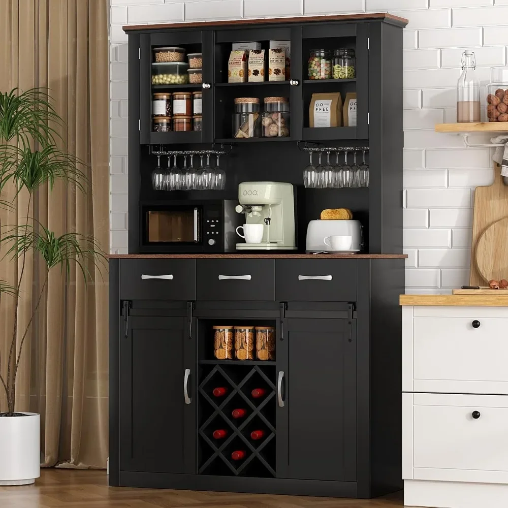 

72"Tall Farmhouse Bar Cabinet with Sliding Barn Doors, Kitchen Pantry Storage Cabinet with Wine & Glass Racks Wine Rack Cabinet