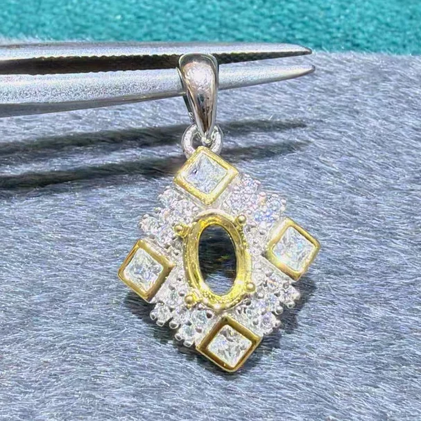 90 S925 sterling silver pendant, oval shape, 4*6mm, bezel set, vintage brushed finish, two-tone pendant with an empty setting