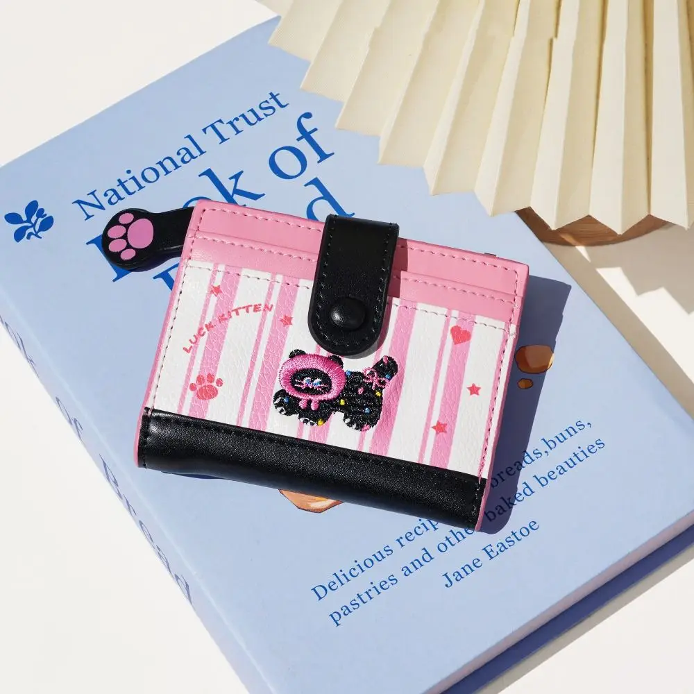 Casual Korean Style Embroidery Cat Wallet Purse Ultra Thin Coin Pouch Cartoon Multi Slot Card Bag Travel
