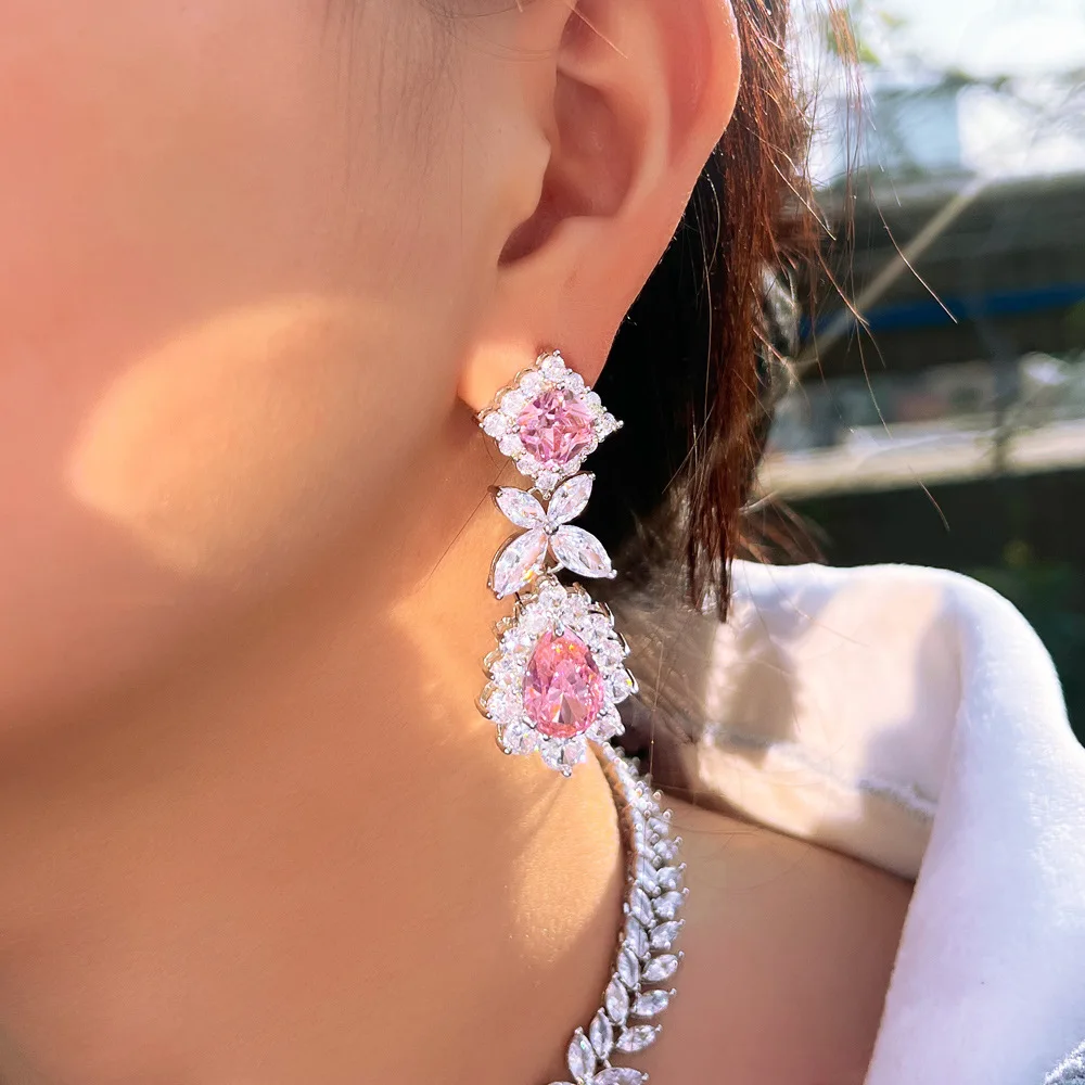 Light Luxury and High-End Princess Pink Wedding Dress with Earrings, Zircon Inlaid Elegant Water Drop Earrings Jewelry, Valentine's Day, Mother's Day, Party, School Ceremony, Graduation Ceremony, Birthday Gift