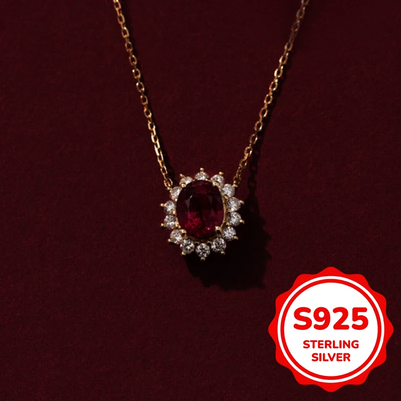 

S925 sterling silver red zircon oval lace necklace for women simple classic fashion elegant light luxury retro daily life leisur