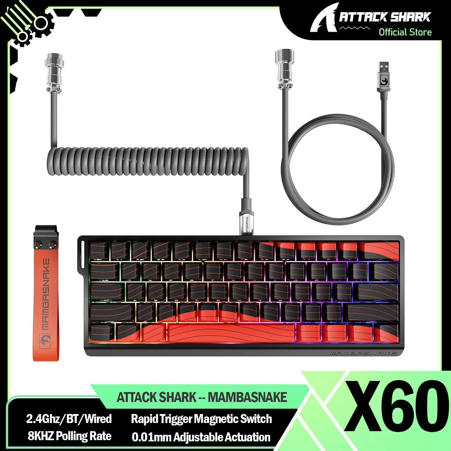 ATTACK SHARK MAMBASNAKE X60 HE Rapid Trigger Magnetic Switch 60% RGB Wireless Mechanical Gaming keyboard,8KHZ Polling Rate