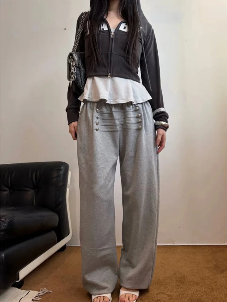 Autumn Y2K Elastic Waistband Ankle Pants, Fashionable Women's Side Buckle Decorative Sports Pants, Street Casual Pants