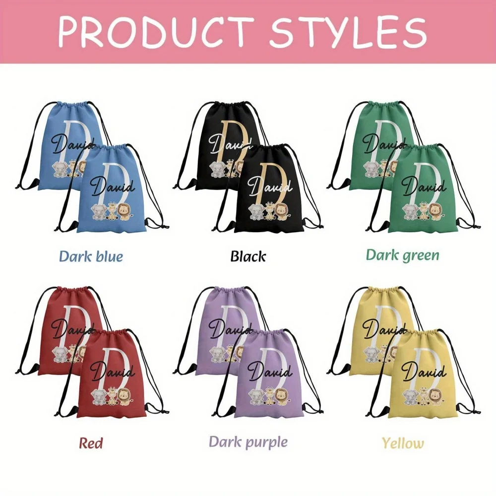 1 Custom Cute Animal-Themed Drawstring Backpack, 12 Color Options to Choose From, Personalized Name Customization