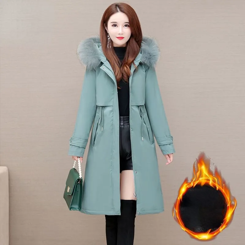 

2023 New Women Cotton Coat Winter Jacket Female Mid Length Version Parkas Hooded Outwear Thick Warm Big Fur Collar Overcoat